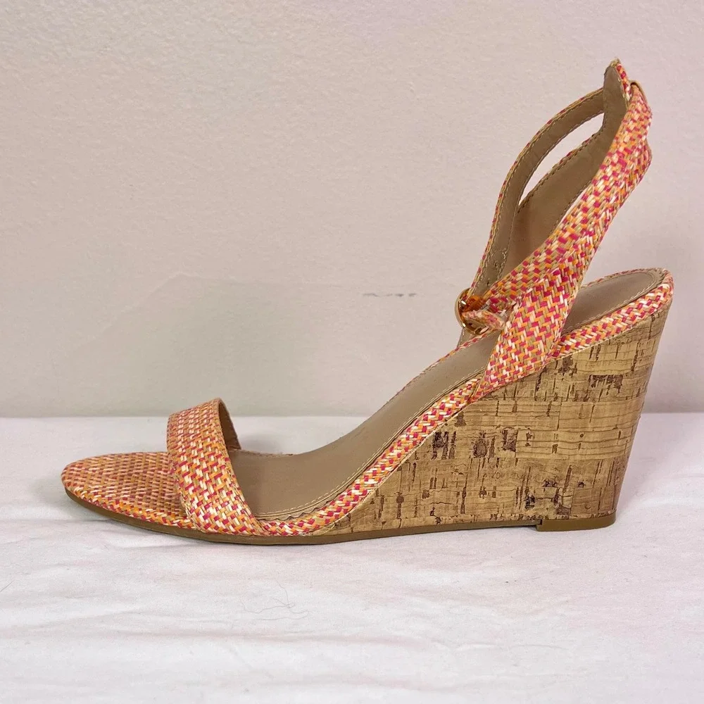 LC Lauren Conrad Wedge Sandals 10 Coral Woven Cork Strappy Boho Summer 160089